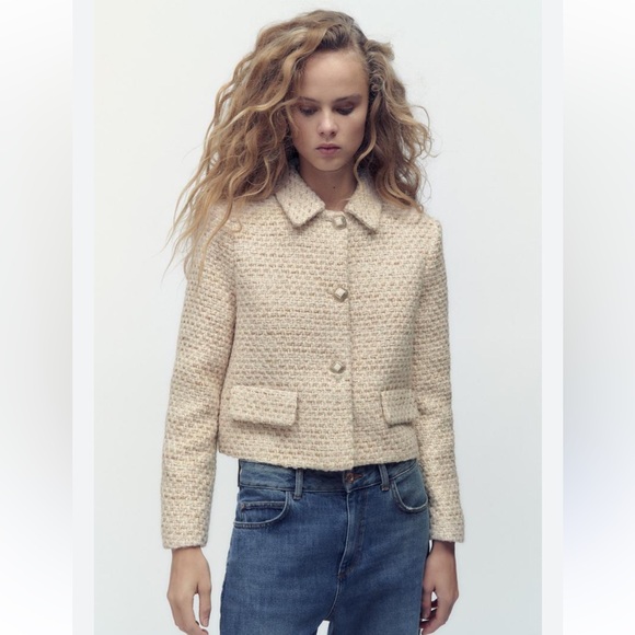 ZARA TWEED STRUCTURED SHORT BLAZER WOOL BLEND LIMITED EDITION -Tan Beige Small - Picture 1 of 12